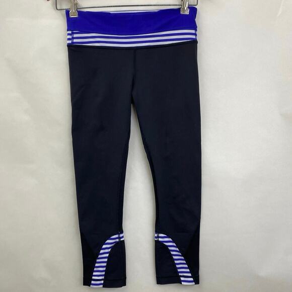 Lululemon Run Inspire Crop Leggings Black & Blue White Narrow Bold Stripes Sz 4 - Picture 5 of 10